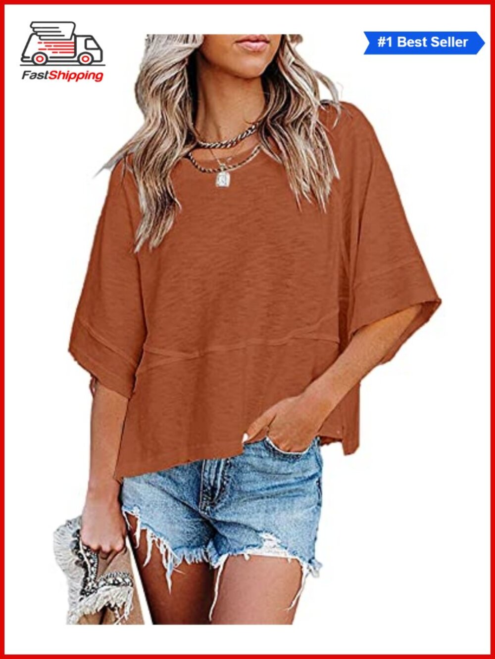 Women's 3/4 Sleeve Crewneck Loose Fit Summer T-Shirt Casual Tunic Top